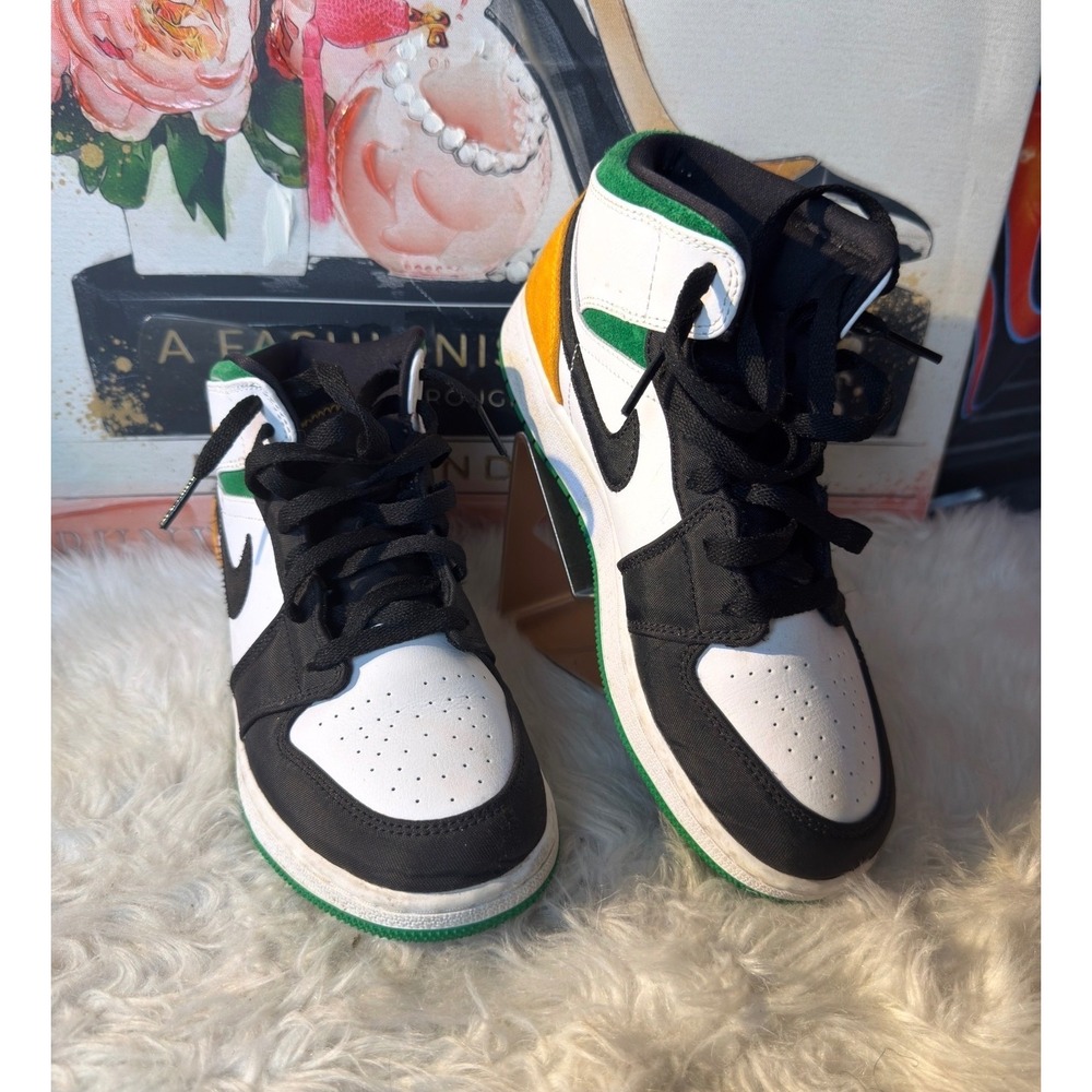 Nike Air Jordan 1 Mid SE GS Brazil White Green Yellow BQ6931-101 Womens 7